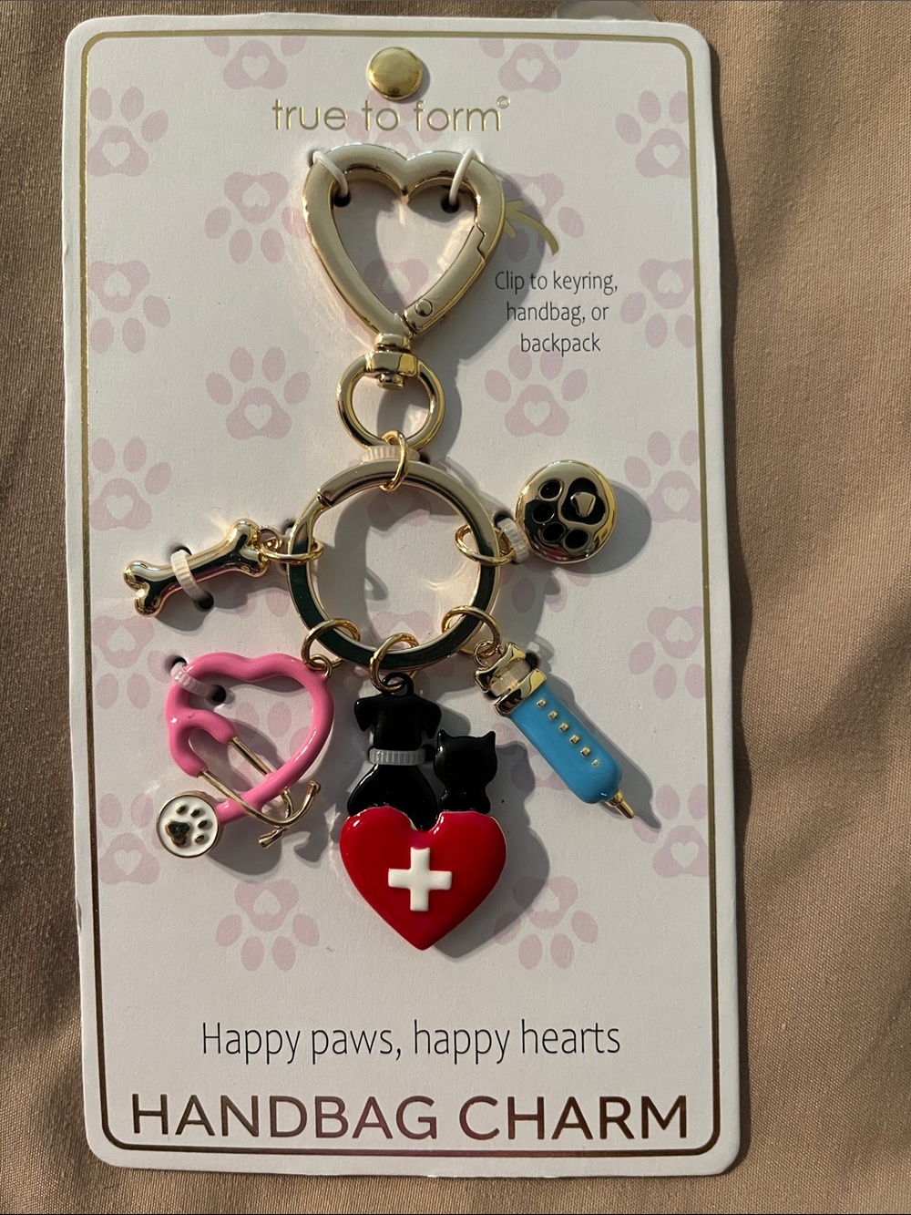 NWT True to Form Gold Dog-Themed Handbag Charm with Red Heart